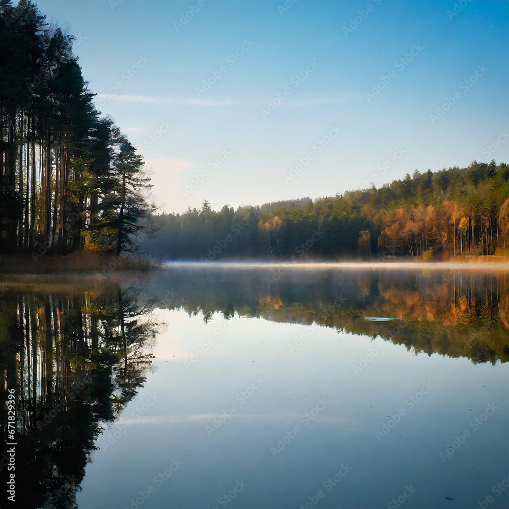Fototapeta premium Calm Lake Mirroring the Forest Surroundings