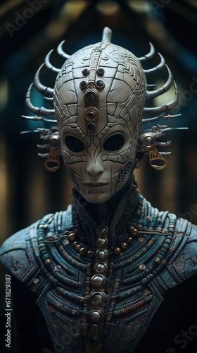 Focused shot of an alien, intricate patterns on its face, donning a Mesopotamian royal crown, with cuneiform tablets in the background