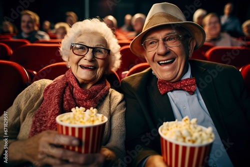 couple of grandparents eating popcorn at the cinema