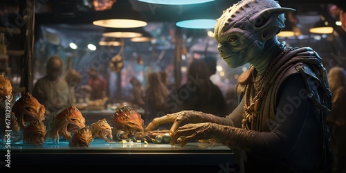 In a bustling alien market, the portrait focuses on an alien merchant with multiple arms and a kind smile, skillfully bartering exotic goods, the scene buzzing with life and vibrant colors © EOL STUDIOS