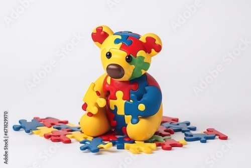 Colorful bear toy with autism symbols on a white banner, representing autism awareness day. Illustration. Generative AI