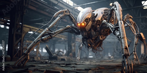 In an intricate scene, a robotic-biological hybrid alien creature, with sleek metallic limbs and pulsating organic textures, explores an abandoned factory, its sensors analyzing everything around photo
