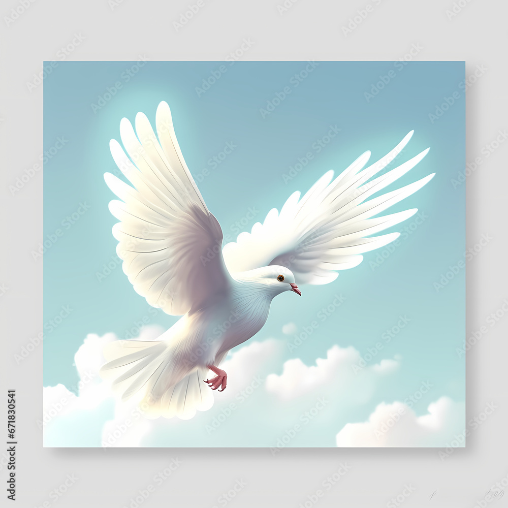 Fototapeta premium Digital 2D illustration, peace dove in light blue sky, soft and serene pastel hues, simple and clean design
