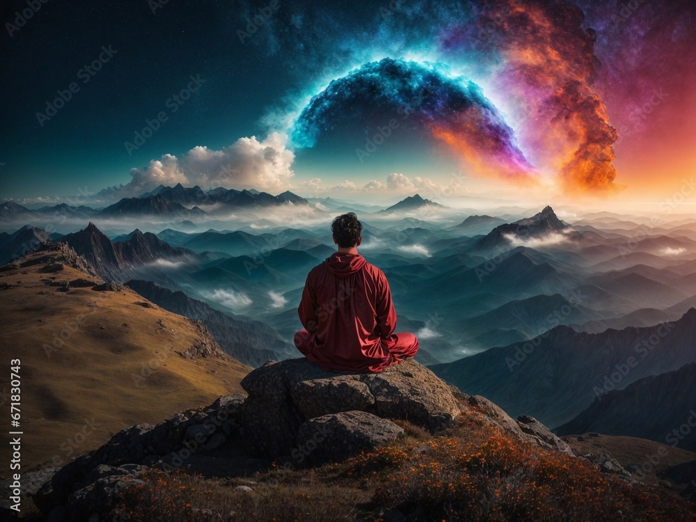 man meditating on the top of the mountain