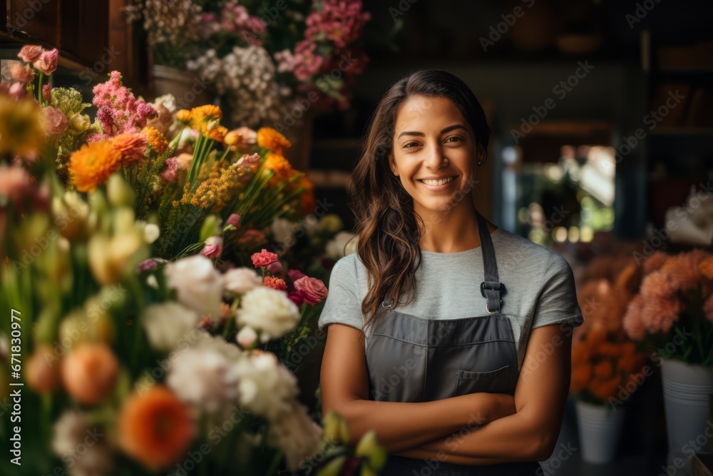In front of a flower shop, a female florist beams with a warm smile.