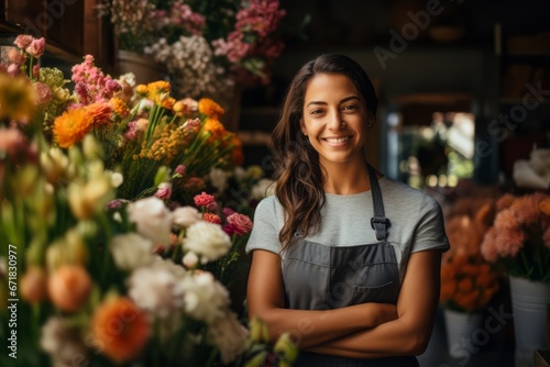 In front of a flower shop, a female florist beams with a warm smile.