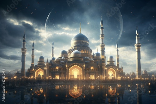 A digital artwork portraying a mosque in an urban setting. Generative AI