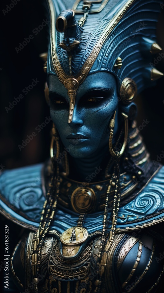 Fototapeta premium Portrait of an alien being with shimmering blue skin, adorned in ancient Egyptian royal attire, holding a golden ankh