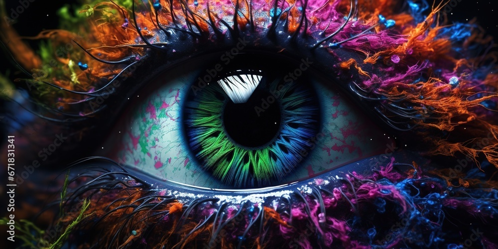 The mesmerizing eyes of an alien creature are captured in vivid detail, each iris a swirling galaxy of colors, with depth and mystery suggesting intelligence beyond comprehension - obrazy, fototapety, plakaty 