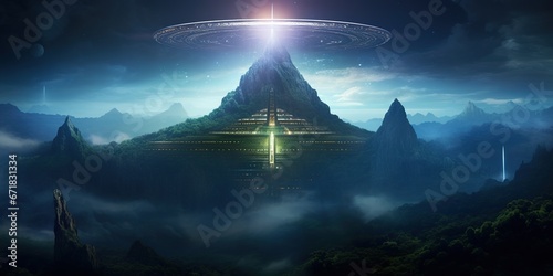 Sacred temple atop a mountain, radiating a cosmic beam into space, attracting a fleet of alien ships
