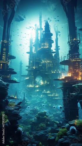 Underwater city remains, with technologically advanced alien machinery still operational, emitting soft pulsating lights