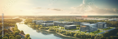 Aerial view of an office park, multiple low-rise buildings surrounded by greenery, parking lots, and a small lake