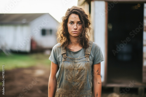 Young diligent farmer woman in dirty overalls at a farm