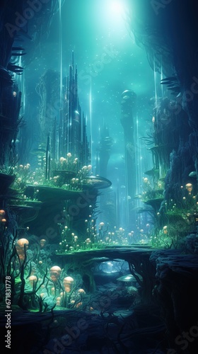 Underwater city remains, with technologically advanced alien machinery still operational, emitting soft pulsating lights