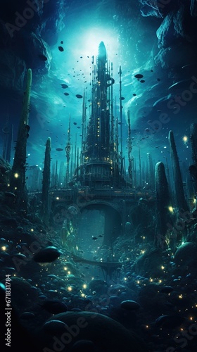 Underwater city remains, with technologically advanced alien machinery still operational, emitting soft pulsating lights