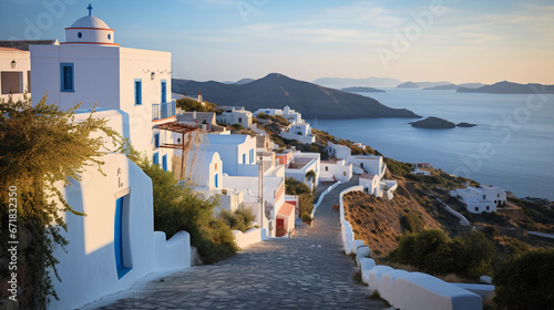 Greek island village, white and blue architecture, winding narrow lanes, sunset over the ocean