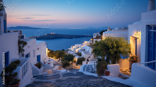 Greek island village, white and blue architecture, winding narrow lanes, sunset over the ocean