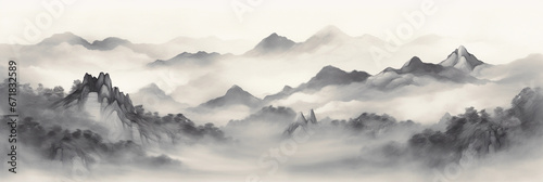 Monochromatic ink wash painting, traditional Japanese landscape, mountainous background, soft mist, zen-like simplicity