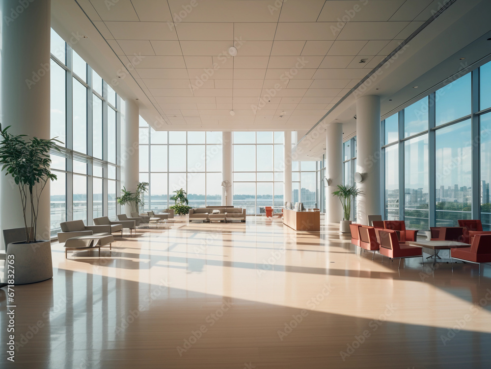 Fototapeta premium Office building interior, open-concept, minimalist furniture, large windows letting in soft light