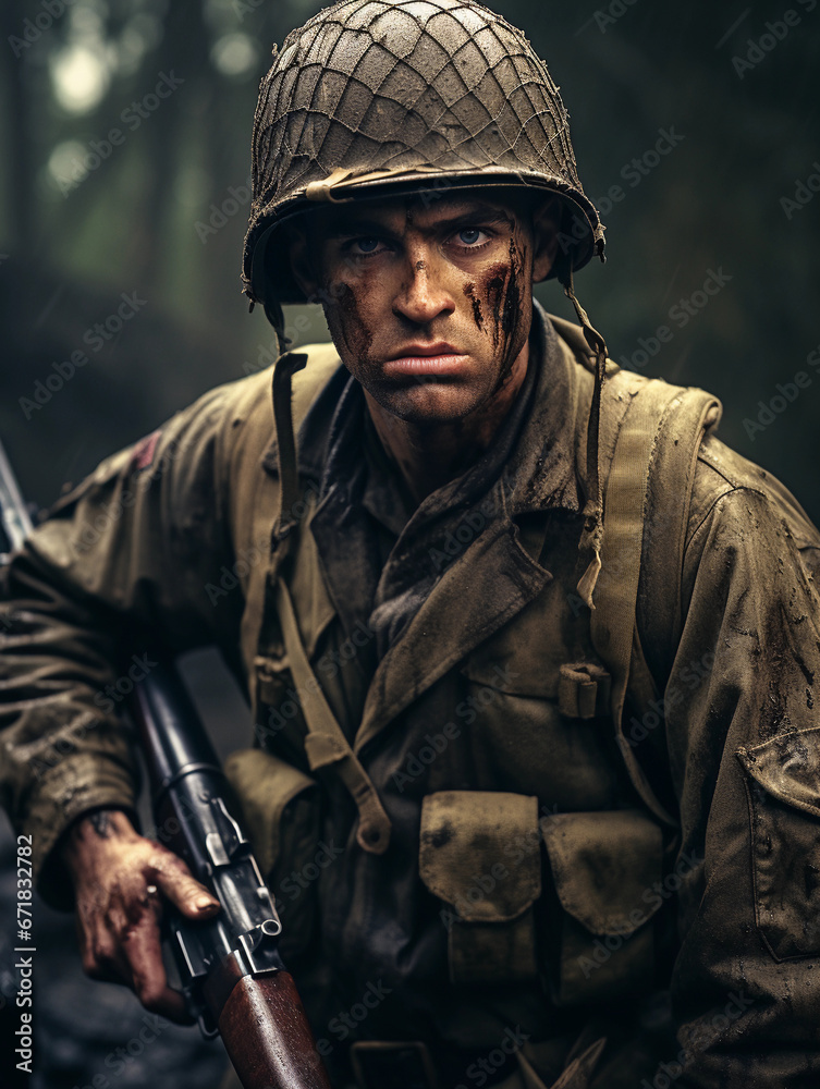 American World War II soldier, standing in a muddy trench, holding a M1 ...