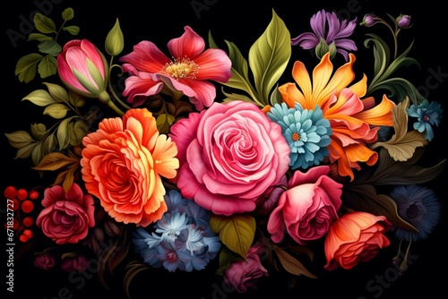 Vibrant floral on dark backdrop. Generative AI