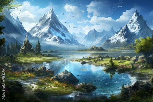 An image showing a scenic landscape with mountains and a lake in the center. Generative AI