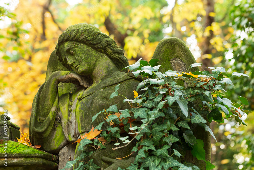 Historic Statue on the autumn mystery old Prague Cemetery, Czech Republic Historic Statue on the autumn mystery old Prague Cemetery, Czech Republic