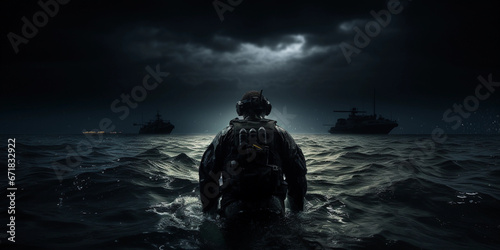 modern U.S. Navy SEAL in wetsuit and tactical gear, emerging from the ocean at night. Background of a submarine and moonlit sea, focus on the camo and gear