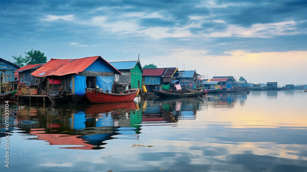 Obraz premium Vietnamese floating village, houses on stilts, colorful boats, water reflections, people fishing