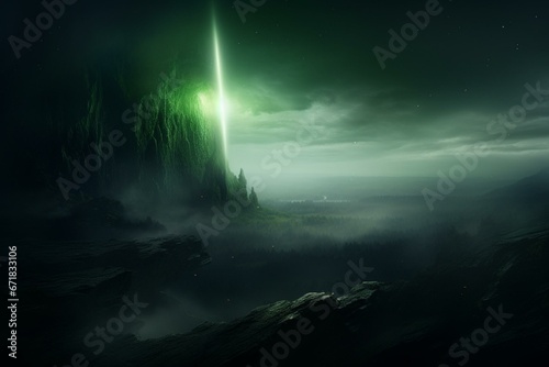 A stunning green comet in the midst of ethereal mist. Generative AI