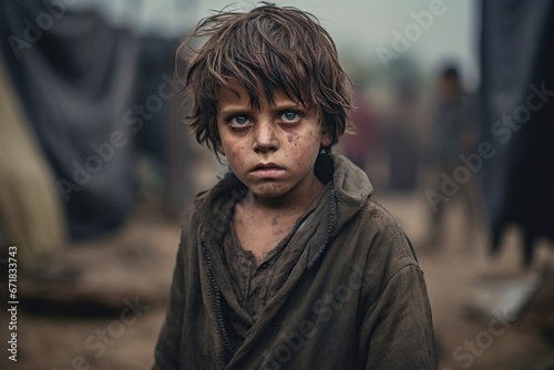child in a refugee camp very poor and hungry