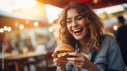 cheerful woman enthusiastically eating a hamburger in the restaurant