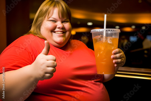 Obese woman giving thumbs up with a drink photo