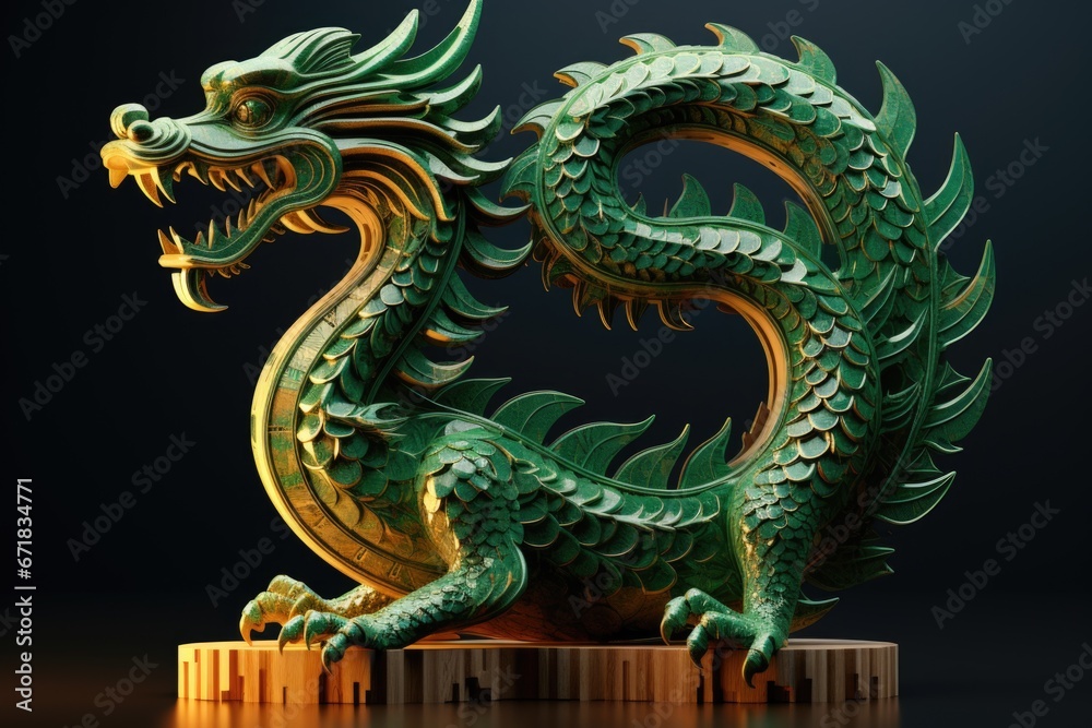Obraz premium A statue of a green dragon placed on a wooden base. Perfect for fantasy-themed decorations or as a collector's item.