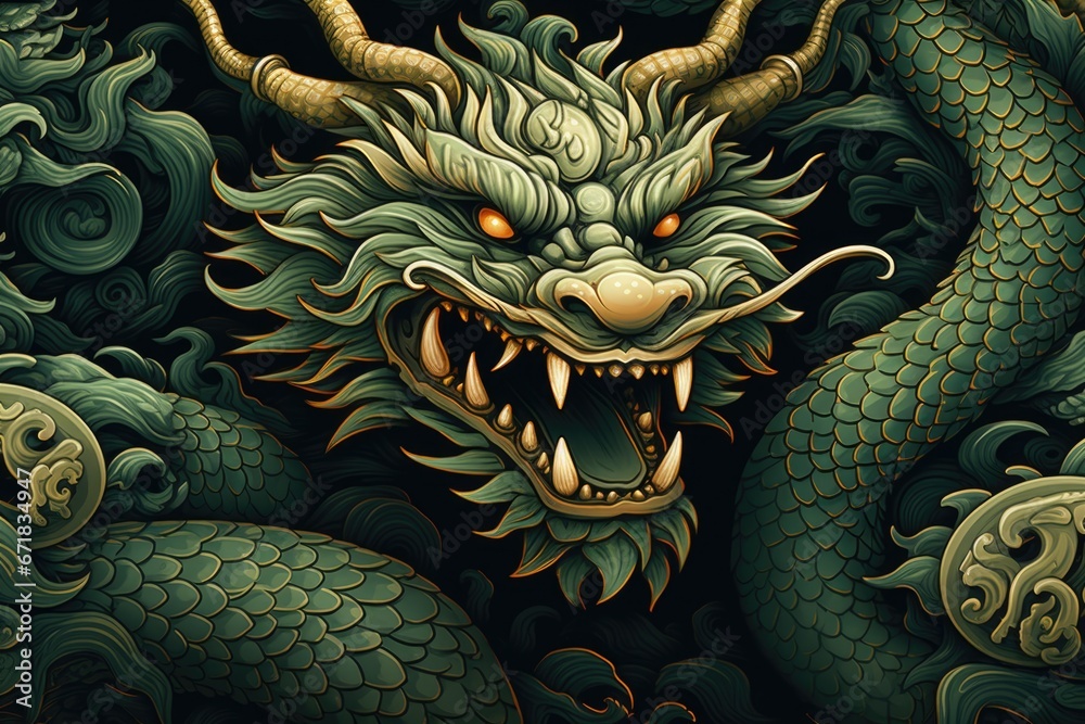 A close-up image of a green dragon head surrounded by other green dragon heads. This picture can be used for various fantasy-themed designs and illustrations. A close-up image of a green dragon head surrounded by other green dragon heads. This picture can be used for various fantasy-themed designs and illustrations.