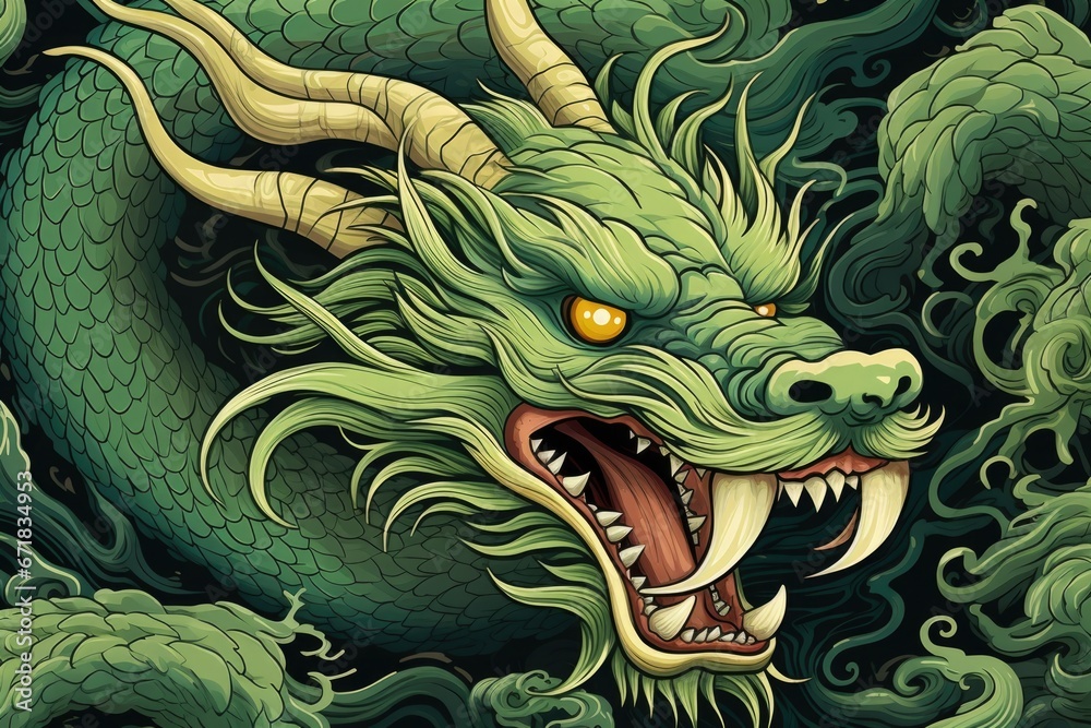 A majestic green dragon with its mouth wide open, soaring through the air. This image can be used to depict fantasy, mythical creatures, or adventure themes.