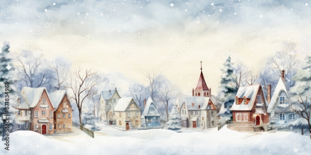 A beautiful watercolor painting depicting a serene snowy village. This artwork captures the peacefulness and charm of a winter scene. Perfect for adding a touch of winter wonderland to any project.