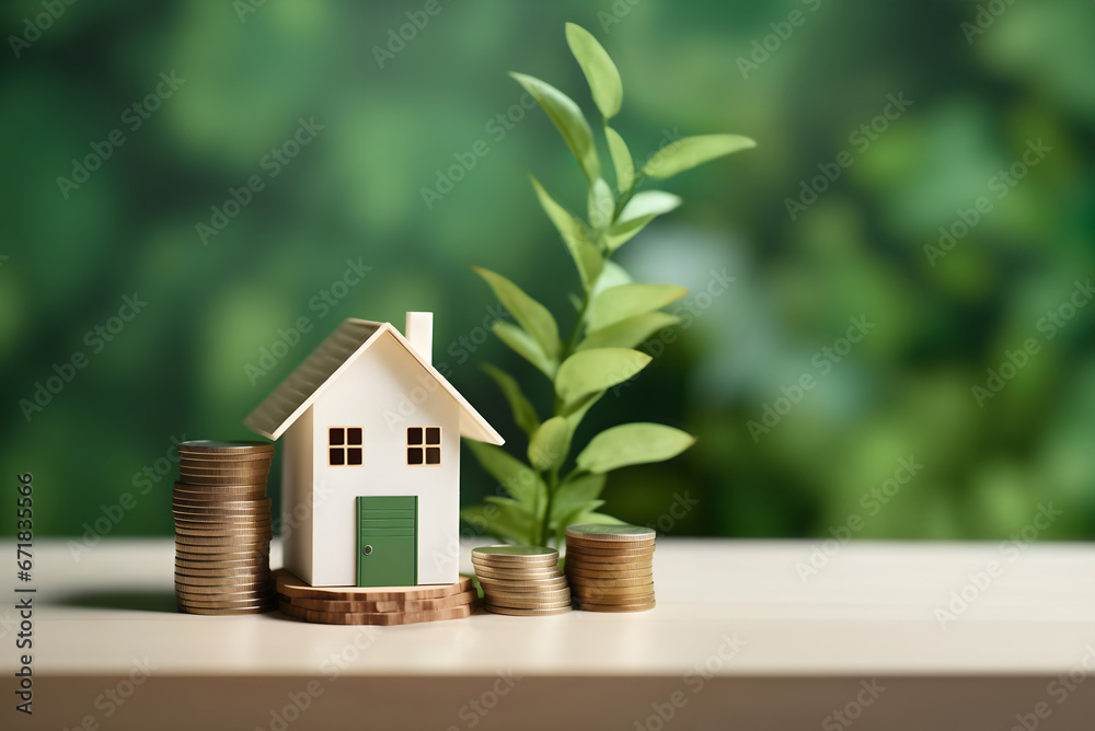 Mini House model with coins on the desk and a green color background. Money and House, Business and Finance Concept. Home savings. Selling home. Mini House model with coins on the desk and a green color background. Money and House, Business and Finance Concept. Home savings. Selling home.