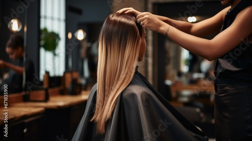 Skilled hairdresser expertly cuts client's hair in a sleek black and white salon. Precision and focus showcased as hands maneuver sharp scissors with hyper-realistic detail
