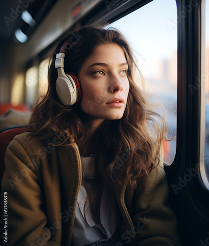 Beautiful young woman listening to music in public transport © Boadicea