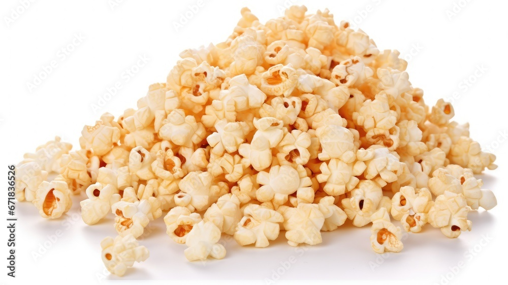 A close-up stock photo of freshly popped popcorn, piled high on a white background. The golden kernels have a glossy texture with irregular shapes and crevices
