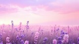 A breathtaking lavender field with soft shades of lilac and pastel pinks and blues. The blooming flowers sway in the gentle breeze, creating a tranquil and serene atmosphere. A picturesque landscape 