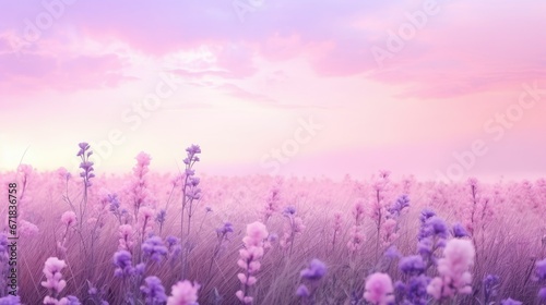 A breathtaking lavender field with soft shades of lilac and pastel pinks and blues. The blooming flowers sway in the gentle breeze  creating a tranquil and serene atmosphere. A picturesque landscape 