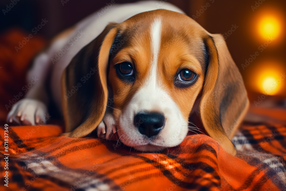 Cute beagle puppy resting on an orange plaid. portrait of a beautiful Beagle puppy. Dog relaxing on the carpet. Cute beagle puppy resting on an orange plaid. portrait of a beautiful Beagle puppy. Dog relaxing on the carpet.