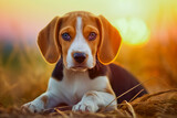 Cute beagle puppy resting on an orange plaid. portrait of a beautiful Beagle puppy. Dog relaxing on the carpet.
