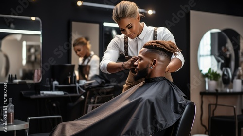 Skilled hairstylist in a well-lit salon, wearing a white lab coat and black gloves, expertly cutting hair with precision scissors. Neatly styled hair reflects in the mirror background