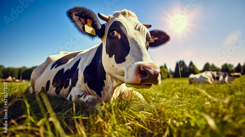 Cow on the lawn. Spotted cow grazing on beautiful green meadow. holstein cow  resting in a meadow. Black and white cow  eco farming in Netherlands.