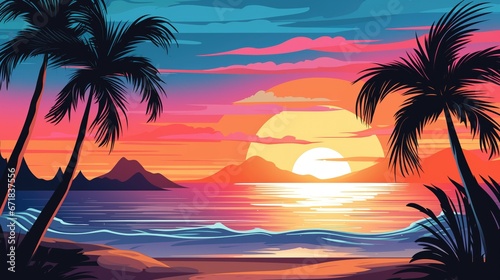A serene tropical beach scene with palm trees, a colorful sunset, and a tranquil ocean. A vibrant and picturesque paradise for relaxation and vacation