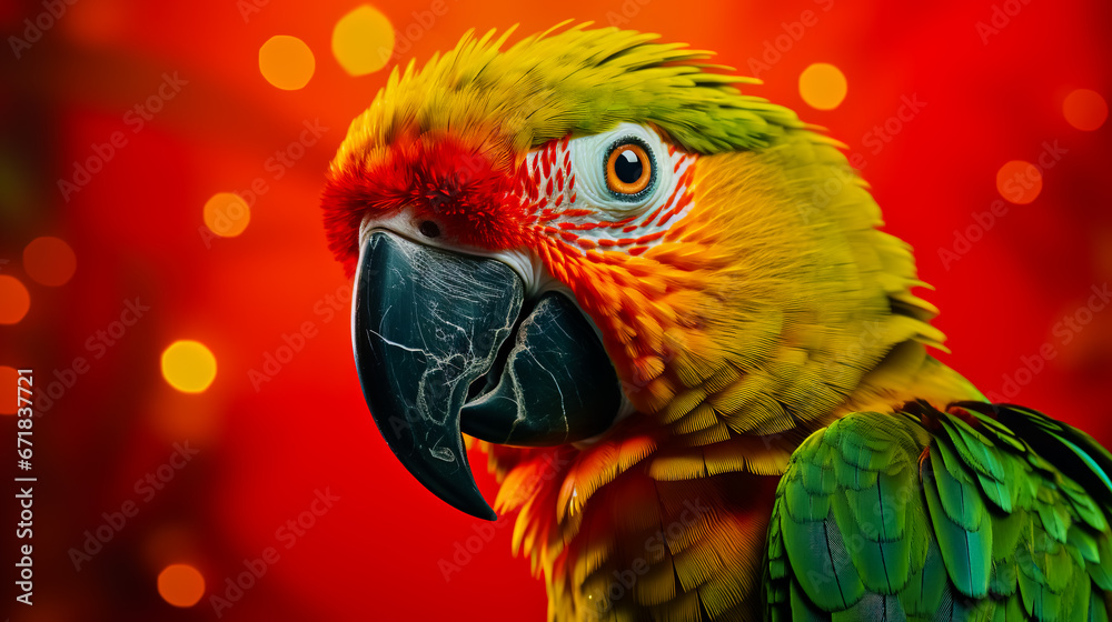 Fototapeta premium Green parrot with red beak on orange background.
