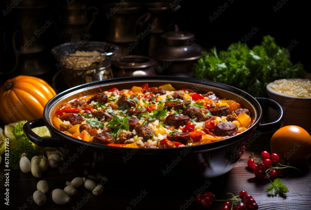 A Delicious Meat and Vegetable Casserole on a Beautifully Set Table A Delicious Meat and Vegetable Casserole on a Beautifully Set Table
